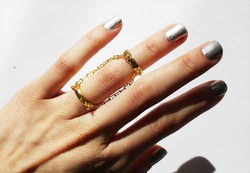 victoria jewelry.silver nails and gold double band chain ring