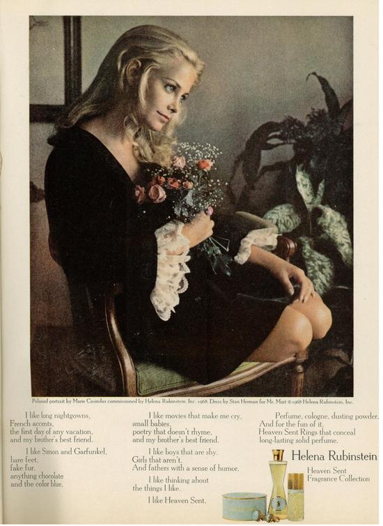 This 1968 Helena Rubinstein ad for Heaven Sent Fragrance