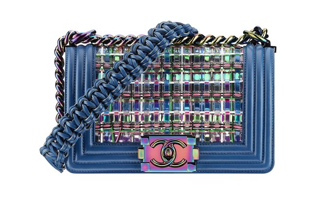 Blue leather BOY CHANEL handbag embellished with woven multicoloured threads A67085-Y61496-3B490 cr