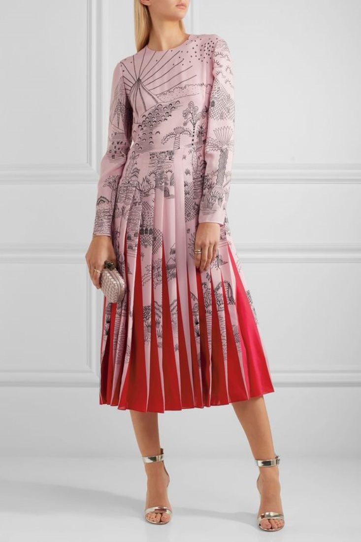 Women s Valentino Pleated Printed Silk Crepe De Chine Midi Dress U4arcd br br Pastel pink 591 2 LRG