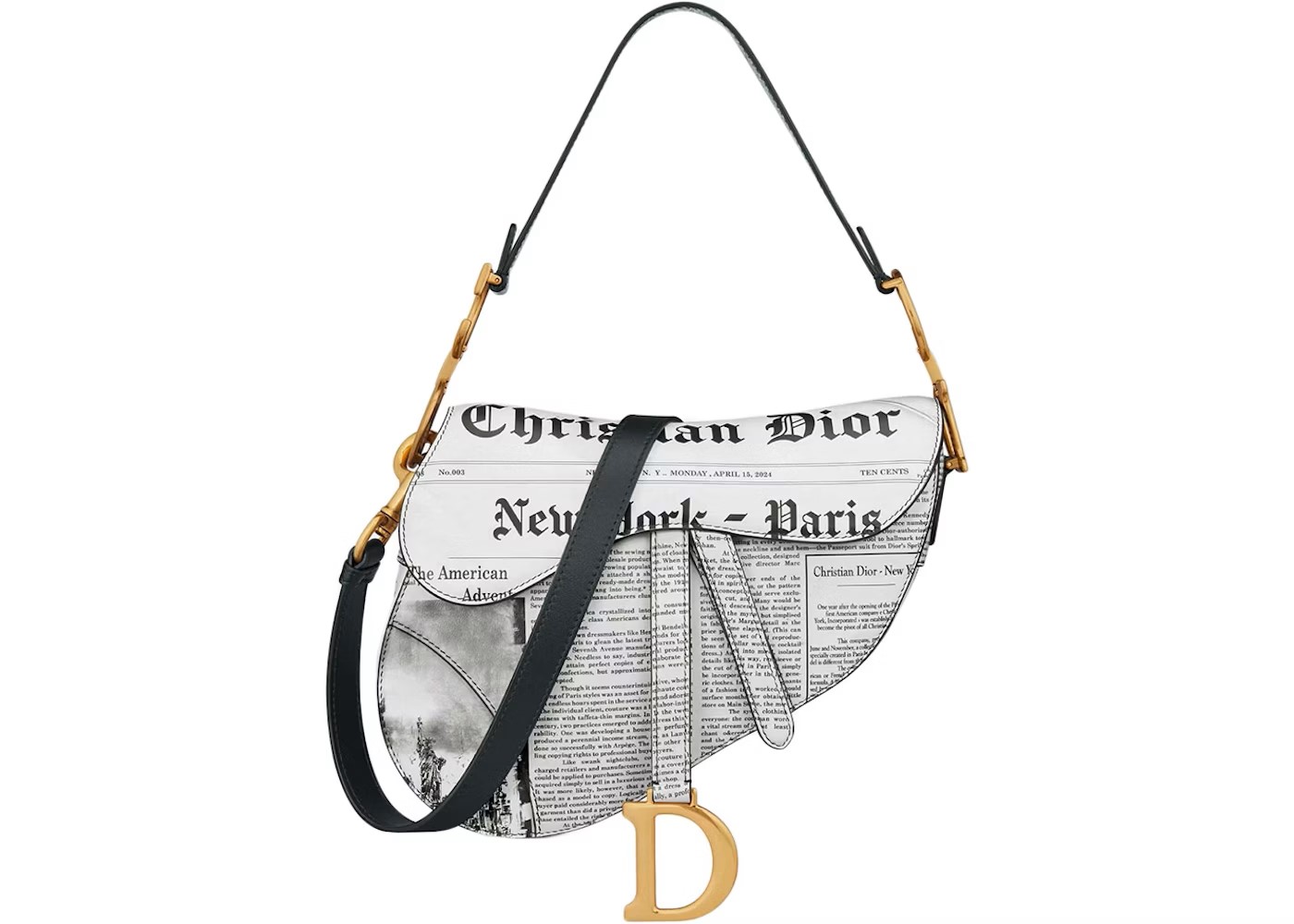 Dior Saddle Bad with Strap White and Black Calfskin with Newspaper Print