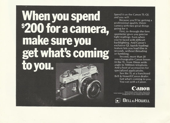 Bell  Howell Canon Tl-QL Camera 35mm Original 1969 Vintage Print Ad Black and